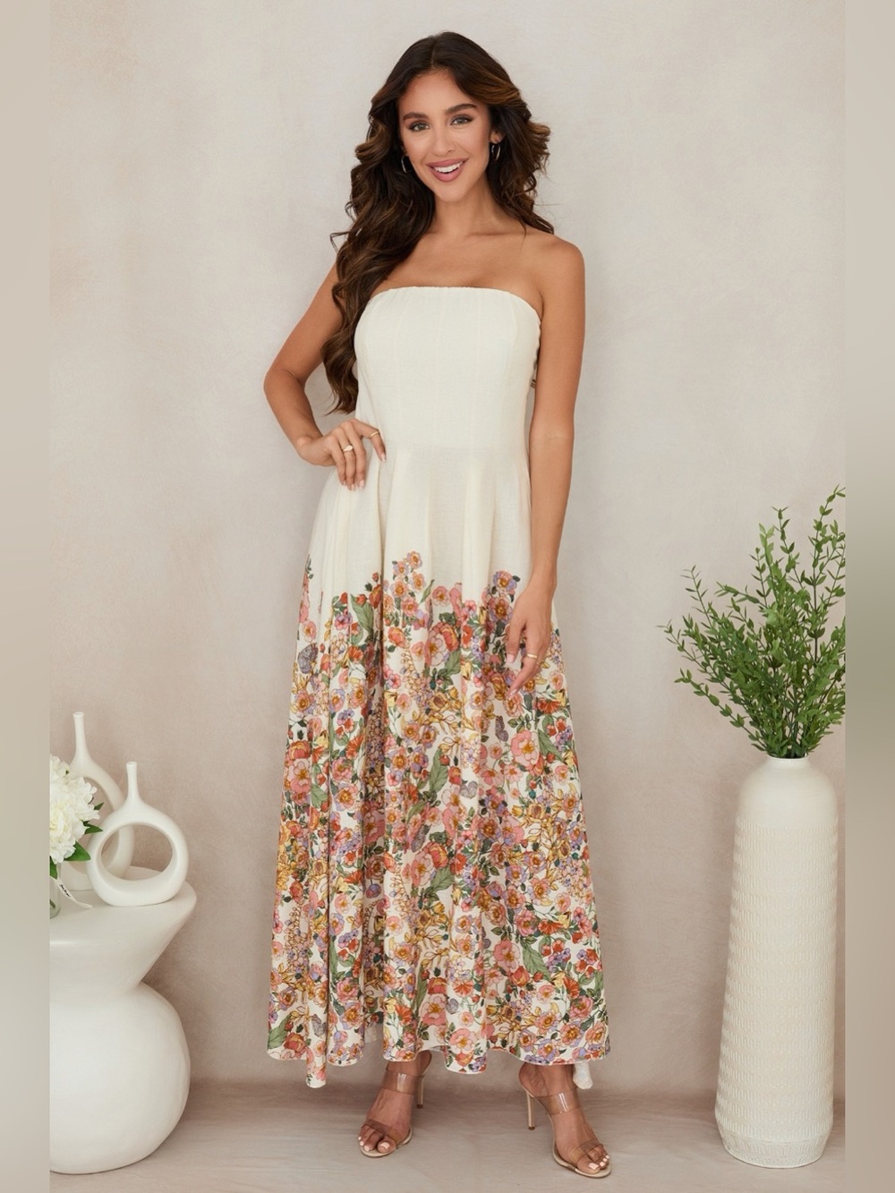 (77057L013-BOT) BOTANICAL PRINT PLEATED MAXI TUBE DRESS